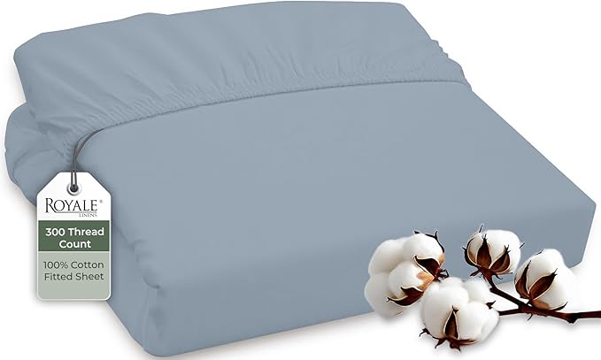 ROYALE LINENS 300 Thread Count 100% Long Staple Combed Cotton Fitted Sheet Twin XL - Super Soft Deep Pocket Bottom Sheet - Fitted Sheets Only - Elastic Sheets (Twin XL, Lake Blue)