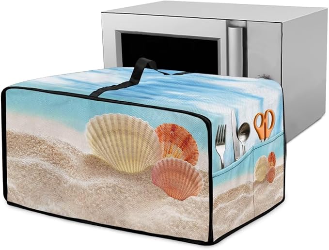 Toaster Oven Dust Cover Protective Microwave Oven Cover with Pockets, Small Appliance Decor for Kitchen Countertop, L, Beach Seashell