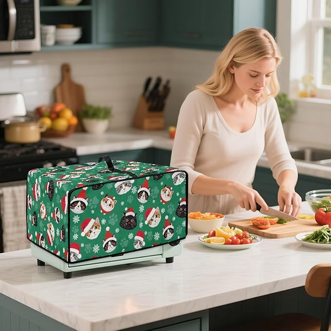 Christmas Decorations Countertop Convection Oven Cover Dust-Proof Toaster Oven Cover with Pockets, Countertop Convection Oven Protector, L, Christmas Hat Cat Paw Snowflake Green
