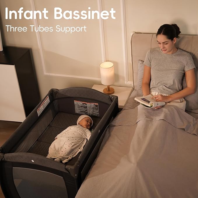 Pamo Babe Playard Portable Playard Foldable Playpen for Baby and Toddler Portable Crib Mattress Diaper Changer for Newborn (Grey)