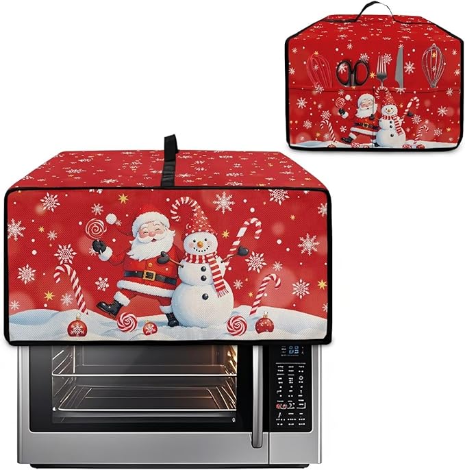 Christmas Toaster Oven Dust Cover Dustproof Smart Oven Air Fryer Microwave Cover with Side Pockets, Electric Appliance Protector for Kitchen, L, Santa Claus Snowman Candy Cane Red