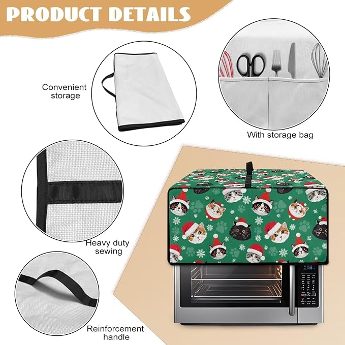 Christmas Decorations Countertop Convection Oven Cover Dust-Proof Toaster Oven Cover with Pockets, Countertop Convection Oven Protector, S, Christmas Hat Cat Paw Snowflake Green