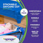 Sprogs Heavy-Duty Stackable Standard Size 52"L Daycare Cots for Kids and Toddlers, Stacking Preschool Classroom Kids Cots for Sleeping, Resting, Naptime, Pack of 6, Blue