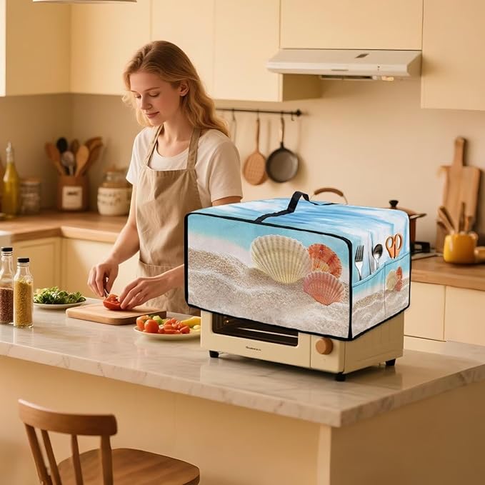 Toaster Oven Dust Cover Protective Microwave Oven Cover with Pockets, Small Appliance Decor for Kitchen Countertop, L, Beach Seashell