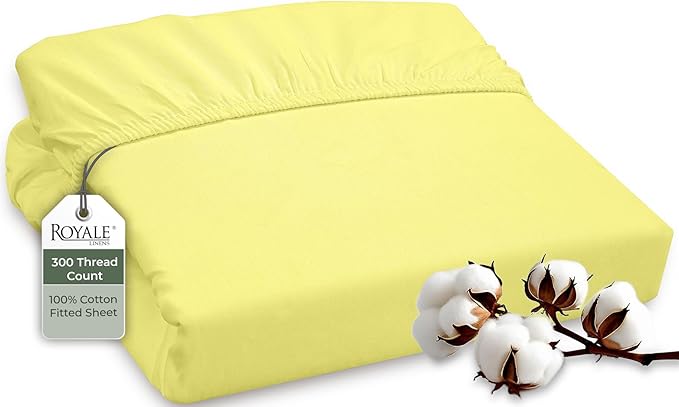ROYALE LINENS 300 Thread Count 100% Long Staple Combed Cotton Fitted Sheet King - Super Soft Deep Pocket Bottom Sheet - Fitted Sheets Only - Elastic Sheets (King, Yellow)