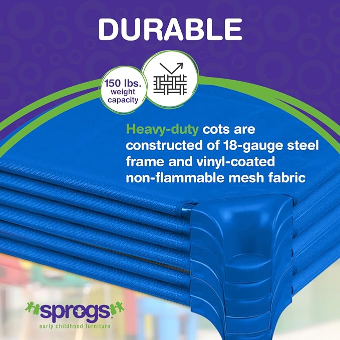 Sprogs Heavy-Duty Stackable Standard Size 52"L Daycare Cots for Kids and Toddlers, Stacking Preschool Classroom Kids Cots for Sleeping, Resting, Naptime, Pack of 6, Blue