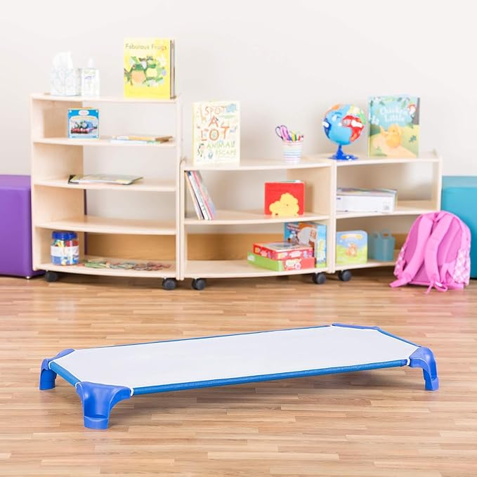 Sprogs Heavy-Duty Stackable Standard Size 52"L Daycare Cots for Kids and Toddlers, Stacking Preschool Classroom Kids Cots for Sleeping, Resting, Naptime, Pack of 6, Blue