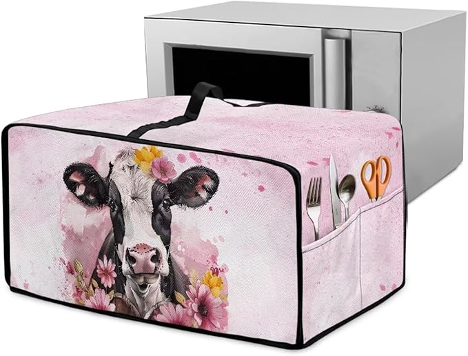 Air Fryer Toaster Oven Dust Cover Washable Fabric Convection Oven Protector with Storage Pockets, S, 14.5 x 18.5 x 9 Inches, Cow Pink Flower Pattern