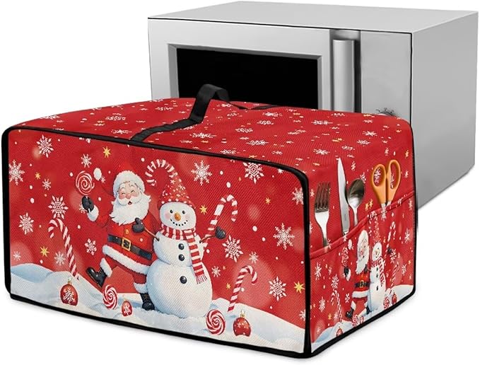 Christmas Toaster Oven Dust Cover Dustproof Smart Oven Air Fryer Microwave Cover with Side Pockets, Electric Appliance Protector for Kitchen, L, Santa Claus Snowman Candy Cane Red