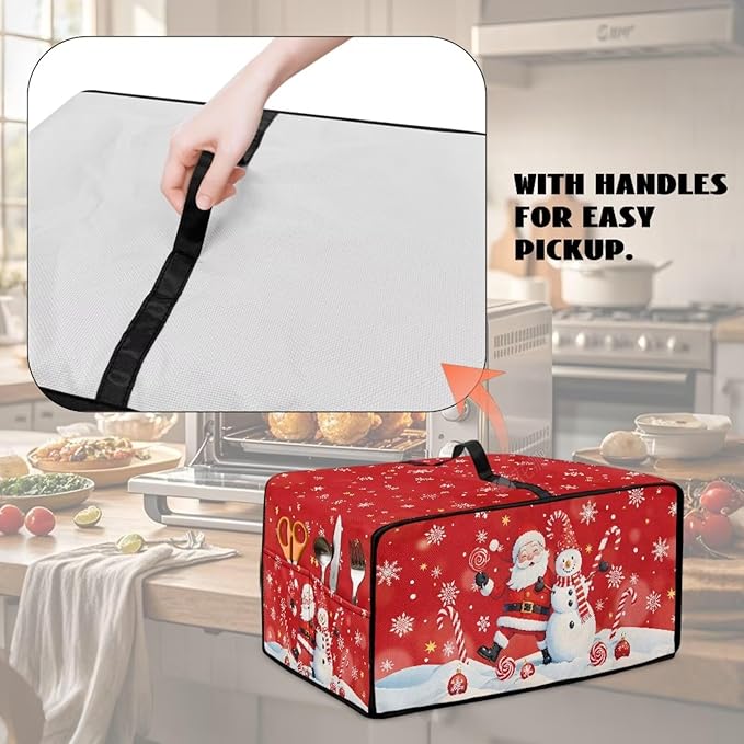 Christmas Toaster Oven Dust Cover Dustproof Smart Oven Air Fryer Microwave Cover with Side Pockets, Electric Appliance Protector for Kitchen, L, Santa Claus Snowman Candy Cane Red