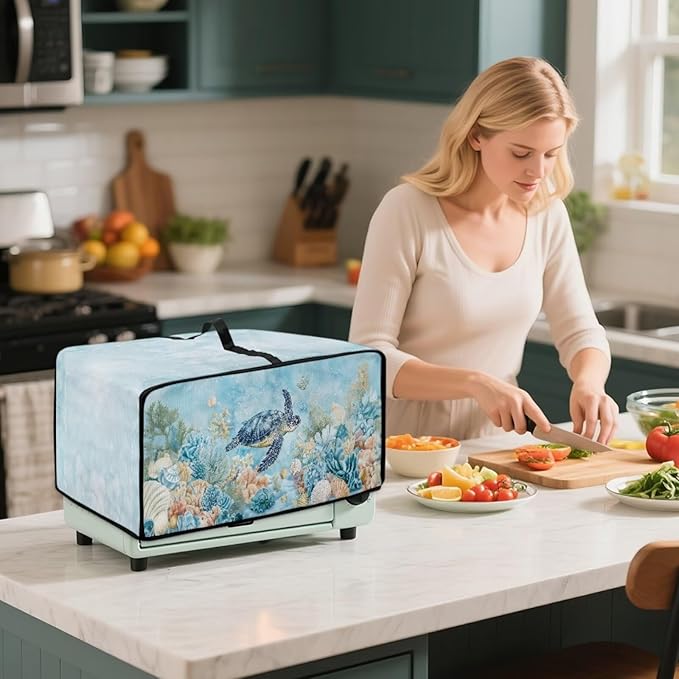 Air Fryer Toaster Oven Cover with Pockets, Dustproof Electrical Appliance Cover for Kitchen Countertop, S, 14.5 x 18.5 x 9 Inches, Sea Turtle Seashell Coral Reef Blue