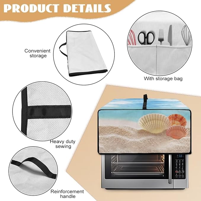 Toaster Oven Dust Cover Protective Microwave Oven Cover with Pockets, Small Appliance Decor for Kitchen Countertop, L, Beach Seashell