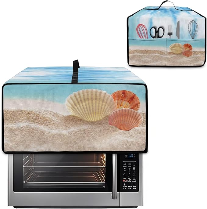 Toaster Oven Dust Cover Protective Microwave Oven Cover with Pockets, Small Appliance Decor for Kitchen Countertop, M, Beach Seashell