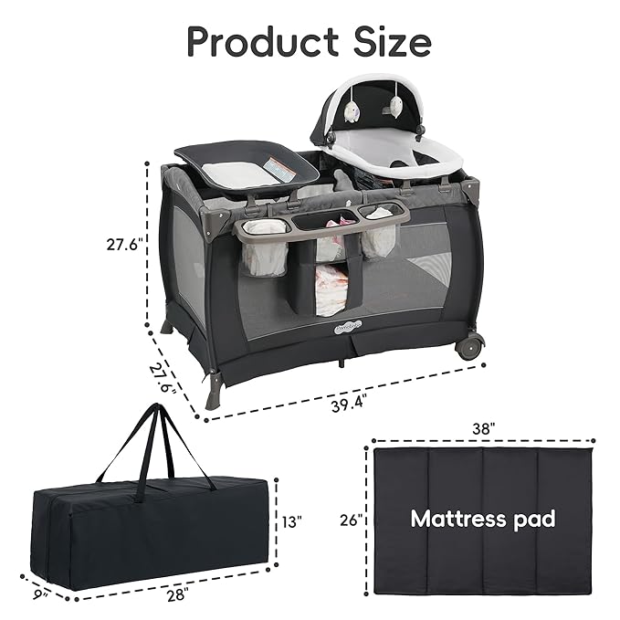 Pamo Babe Playard Portable Playard Foldable Playpen for Baby and Toddler Portable Crib Mattress Diaper Changer for Newborn (Grey)