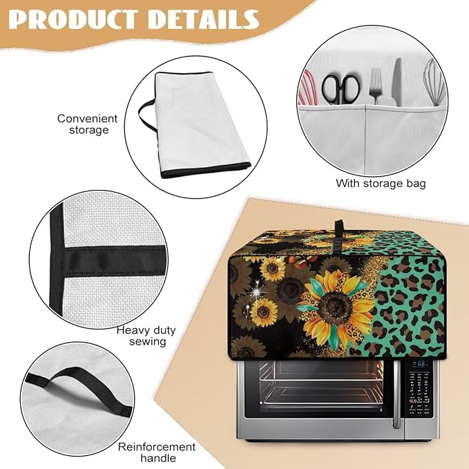 Toaster Oven Protective Cover with Side Pockets, Dustproof Smart Microwave Oven Protector for Kitchen Countertop, L, 18.5 x 22.5 x 13 Inches, Sunflower Leopard Print