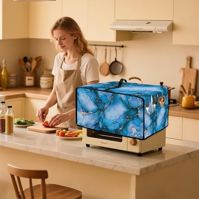 Toaster Oven Dust Cover with Storage Pockets, Dust Protection Smart Oven Cover for Kitchen Countertop Home Decor, S, 14.5 x 18.5 x 9 Inches, Blue Gold Marble