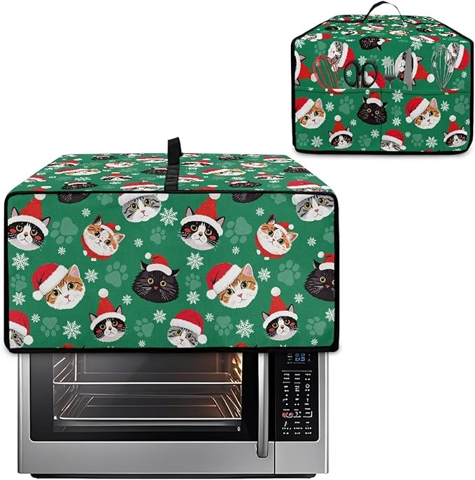 Christmas Decorations Countertop Convection Oven Cover Dust-Proof Toaster Oven Cover with Pockets, Countertop Convection Oven Protector, S, Christmas Hat Cat Paw Snowflake Green