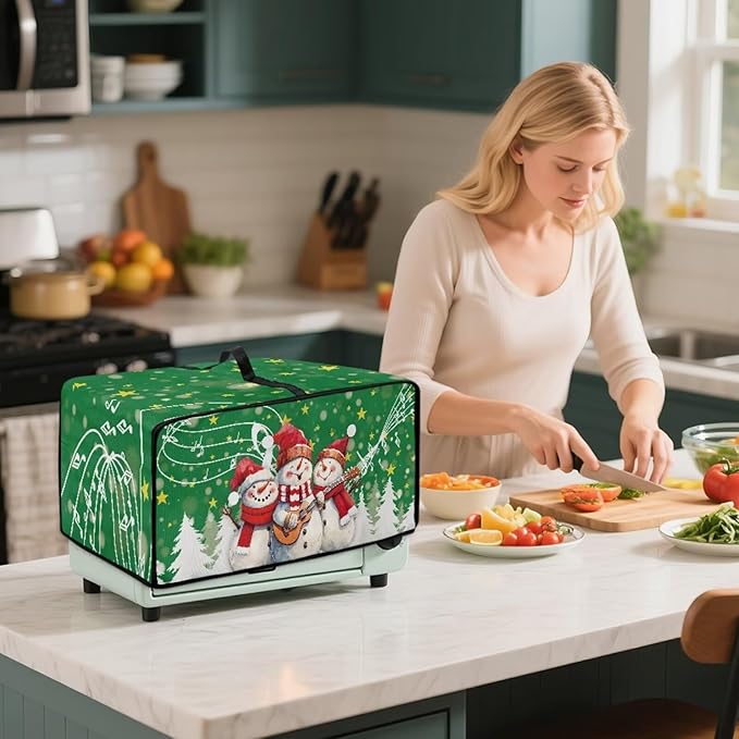 Air Fryer Toaster Oven Cover Fabric Convection Oven Cover with Pockets, Small Appliance Dust Protection for Christmas, M, 16.5 x 20.5 x 10 Inches, Snowman Guitar Musical Note Star Green