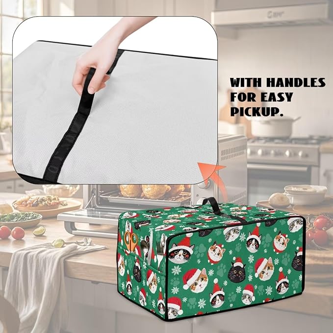 Christmas Decorations Countertop Convection Oven Cover Dust-Proof Toaster Oven Cover with Pockets, Countertop Convection Oven Protector, M, Christmas Hat Cat Paw Snowflake Green