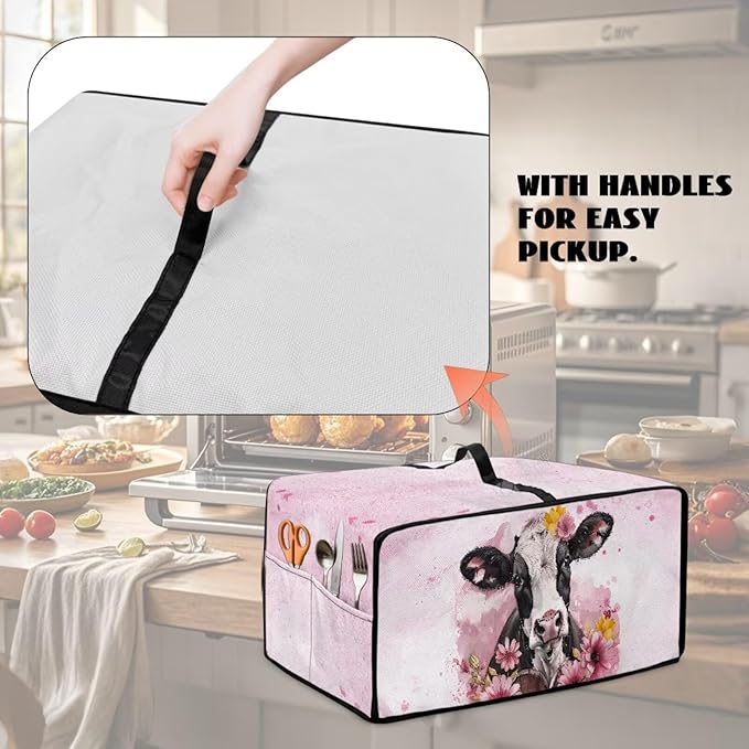 Air Fryer Toaster Oven Dust Cover Washable Fabric Convection Oven Protector with Storage Pockets, S, 14.5 x 18.5 x 9 Inches, Cow Pink Flower Pattern