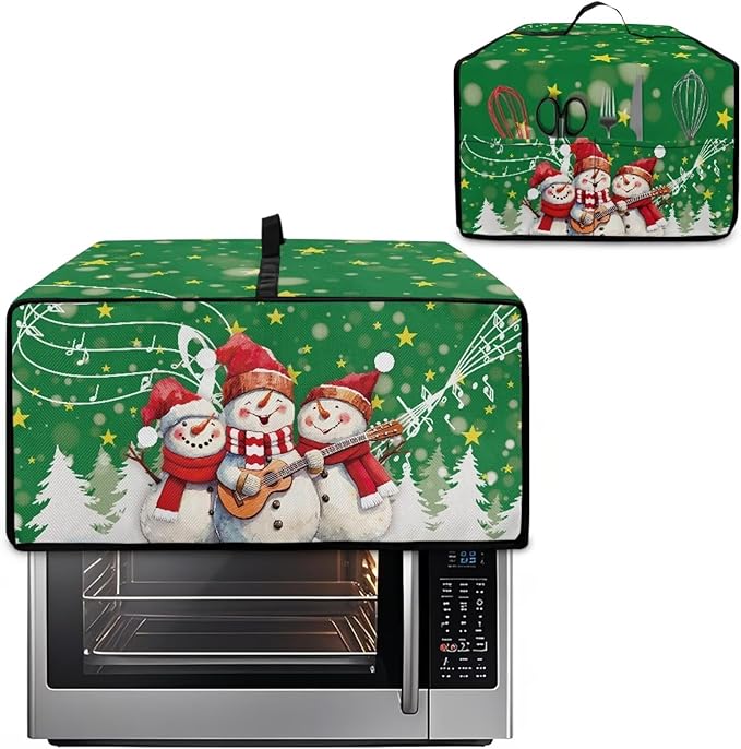 Air Fryer Toaster Oven Cover Fabric Convection Oven Cover with Pockets, Small Appliance Dust Protection for Christmas, M, 16.5 x 20.5 x 10 Inches, Snowman Guitar Musical Note Star Green