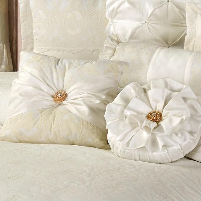 Cameo Lace Luxury Washable Polyester Bedding Set | Vintage Elegant | Pearl | Scroll Leaf Floral Cameo Quilting Embroidered | Set of Five: King Bedspread, Two King Shams, Square and Round Pillows