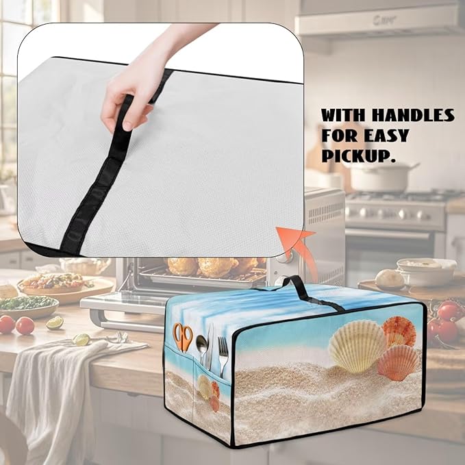Toaster Oven Dust Cover Protective Microwave Oven Cover with Pockets, Small Appliance Decor for Kitchen Countertop, M, Beach Seashell