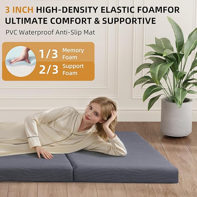 Foldable Memory Foam Mattress - 3 Inch Twin Waterproof Collapsible Mattress with Washable Cover, Portable Guest Bed Pad, Sleeping Mat for Travel RV Camping Yoga, Non-Slip Bottom,75"x38"x3"