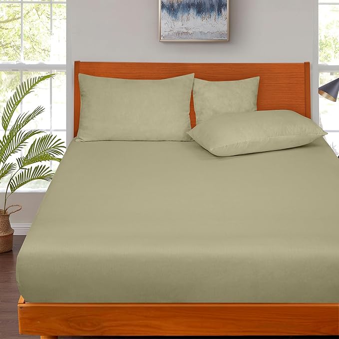 ROYALE LINENS 300 Thread Count 100% Long Staple Combed Cotton Fitted Sheet Twin - Super Soft Deep Pocket Bottom Sheet - Fitted Sheets Only - Elastic Sheets (Twin, Sage Green)