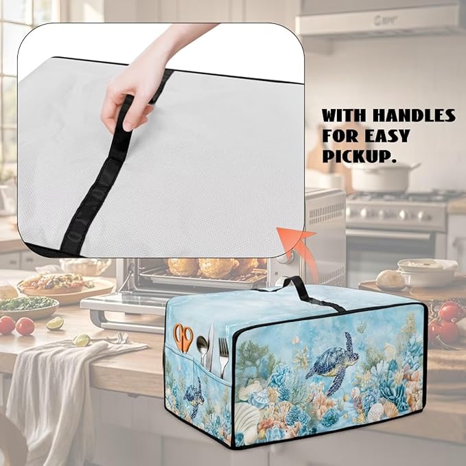 Air Fryer Toaster Oven Cover with Pockets, Dustproof Electrical Appliance Cover for Kitchen Countertop, S, 14.5 x 18.5 x 9 Inches, Sea Turtle Seashell Coral Reef Blue
