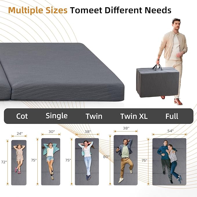 Foldable Memory Foam Mattress - 3 Inch Twin Waterproof Collapsible Mattress with Washable Cover, Portable Guest Bed Pad, Sleeping Mat for Travel RV Camping Yoga, Non-Slip Bottom,75"x38"x3"