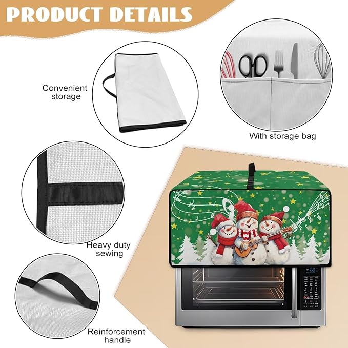 Air Fryer Toaster Oven Cover Fabric Convection Oven Cover with Pockets, Small Appliance Dust Protection for Christmas, M, 16.5 x 20.5 x 10 Inches, Snowman Guitar Musical Note Star Green