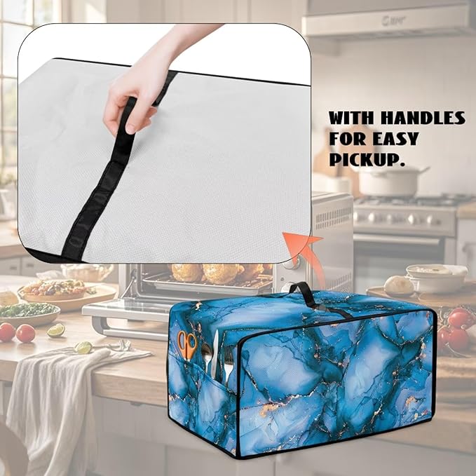 Toaster Oven Dust Cover with Storage Pockets, Dust Protection Smart Oven Cover for Kitchen Countertop Home Decor, S, 14.5 x 18.5 x 9 Inches, Blue Gold Marble