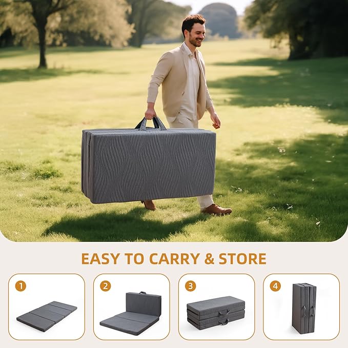 Foldable Memory Foam Mattress - 3 Inch Full Waterproof Collapsible Mattress with Washable Cover, Portable Guest Bed Pad, Sleeping Mat for Travel RV Camping Yoga, Non-Slip Bottom,75"x54"x3"