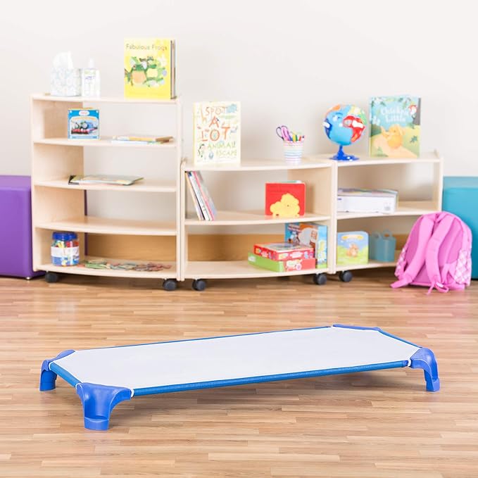 Sprogs Deluxe Heavy Duty Toddler 40"L Stackable Daycare Cot with Easy Lift Corners Cots for Preschool Kids Sleeping, Resting, and Naptime, SPG-16134-18PK, Blue (Pack of 18)