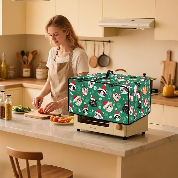 Christmas Decorations Countertop Convection Oven Cover Dust-Proof Toaster Oven Cover with Pockets, Countertop Convection Oven Protector, S, Christmas Hat Cat Paw Snowflake Green