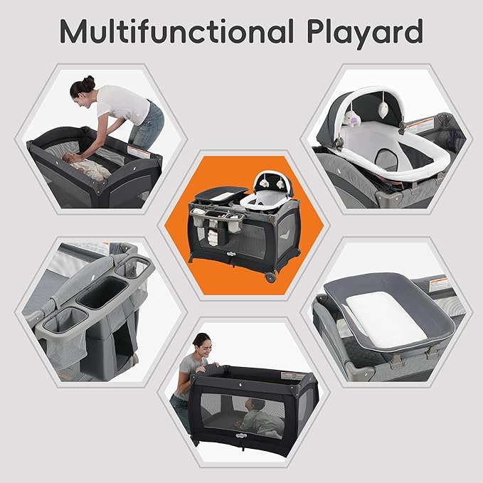 Pamo Babe Playard Portable Playard Foldable Playpen for Baby and Toddler Portable Crib Mattress Diaper Changer for Newborn (Grey)