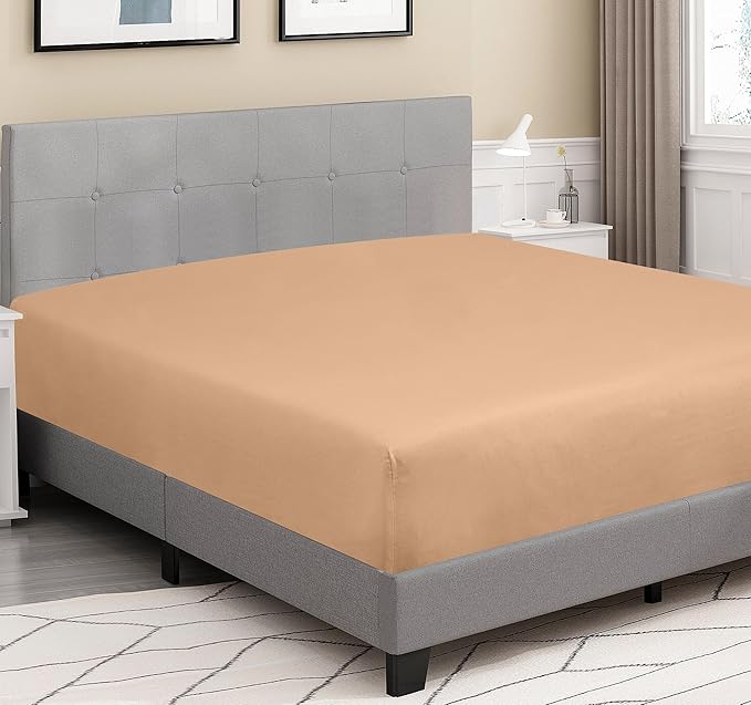 ROYALE LINENS 300 Thread Count 100% Long Staple Combed Cotton Fitted Sheet Queen - Super Soft Deep Pocket Bottom Sheet - Fitted Sheets Only - Elastic Sheets (Queen, Sand)