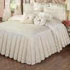 Cameo Lace Luxury Washable Polyester Bedding Set | Vintage | Pearl Scroll Leaf Quilting | Set of Nine: King Bedspread, 2 King Shams, 2 European Pillows and 2 European Shams, Square and Round Pillows