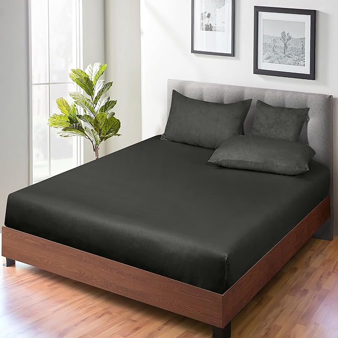ROYALE LINENS 300 Thread Count 100% Long Staple Combed Cotton Fitted Sheet Twin - Super Soft Deep Pocket Bottom Sheet - Fitted Sheets Only - Elastic Sheets (Twin, Black)
