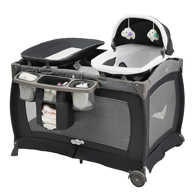 Pamo Babe Playard Portable Playard Foldable Playpen for Baby and Toddler Portable Crib Mattress Diaper Changer for Newborn (Grey)