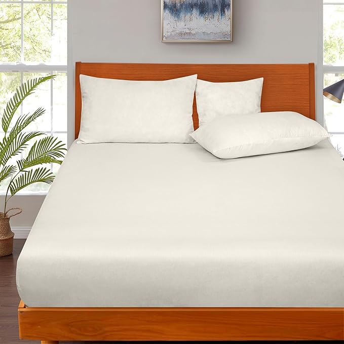 ROYALE LINENS 300 Thread Count 100% Long Staple Combed Cotton Fitted Sheet California King - Super Soft Deep Pocket Bottom Sheet - Fitted Sheets Only - Elastic Sheets (Cal King, Cream)