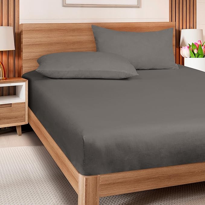 ROYALE LINENS 300 Thread Count 100% Long Staple Combed Cotton Fitted Sheet Twin - Super Soft Deep Pocket Bottom Sheet - Fitted Sheets Only - Elastic Sheets (Twin, Grey)