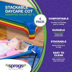 Sprogs Heavy-Duty Stackable Standard Size 52"L Daycare Cots for Kids and Toddlers, Stacking Preschool Classroom Kids Cots for Sleeping, Resting, Naptime, Pack of 4, Assorted Color