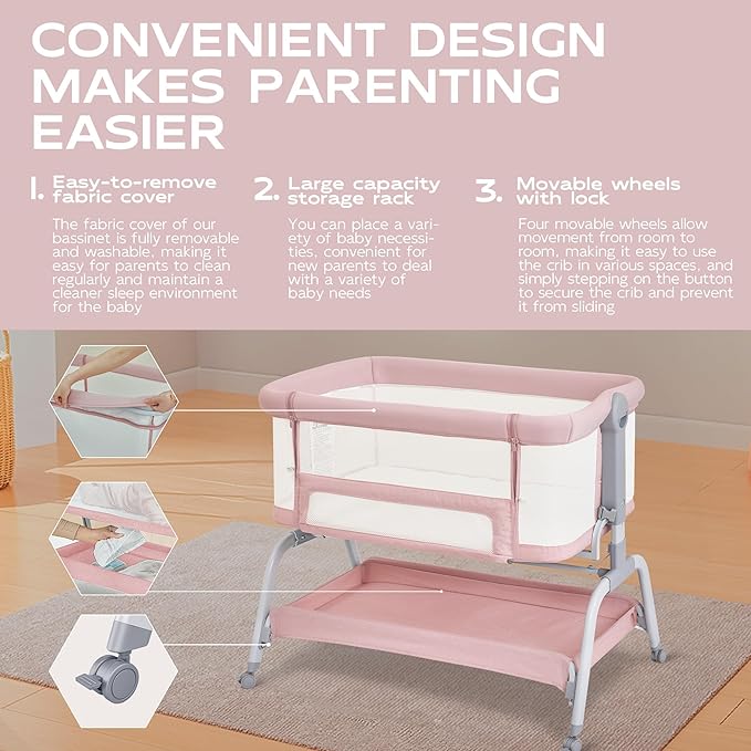 BabyBond Baby Bassinet, 3 in 1 Bassinet Bedside Sleeper with Washable Soft Mattress and Sheet, 6 Height Adjustable Bedside Crib, 4-Sided Mesh Bedside Bassinet for Baby