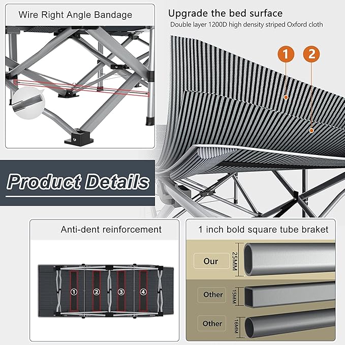 ABORON Camping Cot for Adult 28" Extra Wide, 2PK Heavy-Duty 1200D Oxford Cot for Sleeping, Portable Folding Camp Bed with Mat & Carry Bag