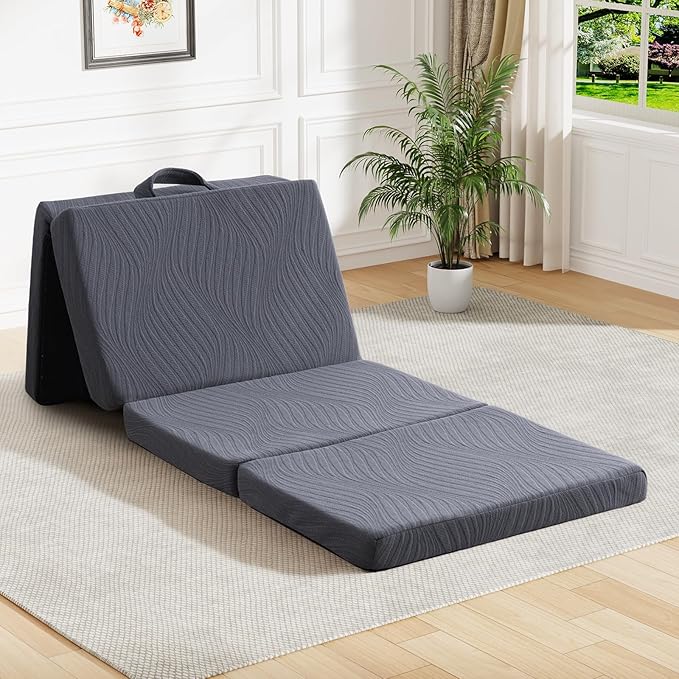 Foldable Memory Foam Mattress - 3 Inch Twin Waterproof Collapsible Mattress with Washable Cover, Portable Guest Bed Pad, Sleeping Mat for Travel RV Camping Yoga, Non-Slip Bottom,75"x38"x3"