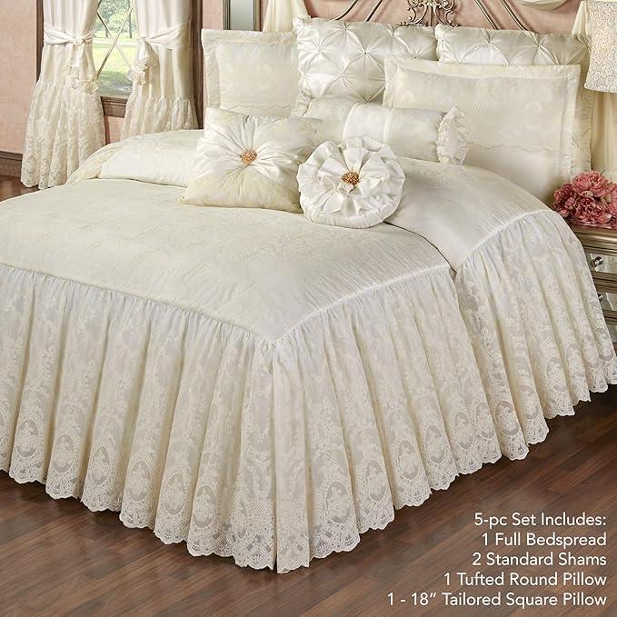 Cameo Lace Luxury Washable Polyester Bedding Set | Vintage Elegant | Pearl | Scroll Leaf Floral Cameo Quilting Embroidered | Set of Five: Full Bedspread, Two Standard Shams, Square and Round Pillows