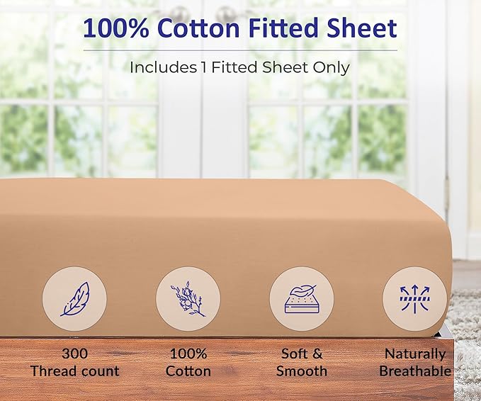 ROYALE LINENS 300 Thread Count 100% Long Staple Combed Cotton Fitted Sheet Queen - Super Soft Deep Pocket Bottom Sheet - Fitted Sheets Only - Elastic Sheets (Queen, Sand)