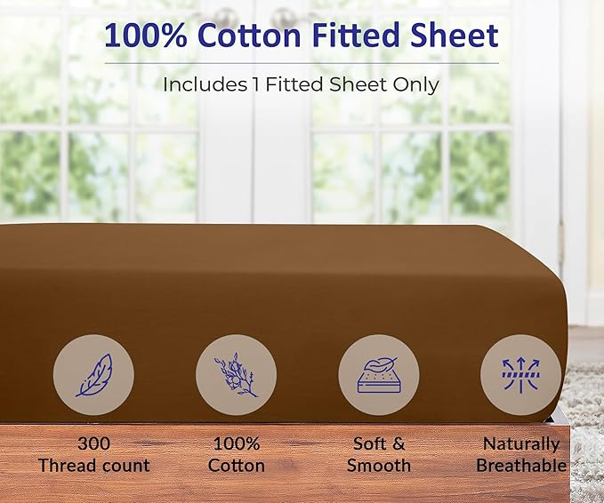 ROYALE LINENS 300 Thread Count 100% Long Staple Combed Cotton Fitted Sheet Twin XL - Super Soft Deep Pocket Bottom Sheet - Fitted Sheets Only - Elastic Sheets (Twin XL, Chocolate)
